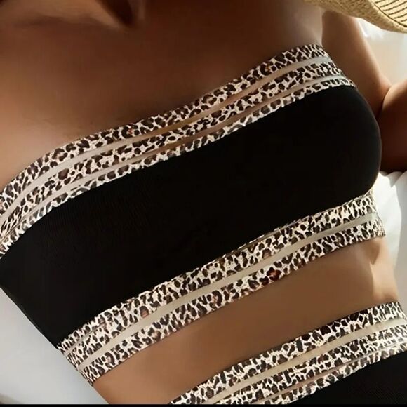 Contrast Mesh Leopard Print 2 Piece Straple Bikini High Waist Elastic Black - Picture 4 of 6
